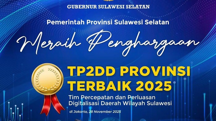 Pemprov Sulsel meraih penghargaan TP2DD sebagai provinsi terbaik 2025.