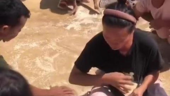 Video viral warga korban banjir di Taput kais beras yang berserakan di tanah usai pecah saat dijatuhkan dari helikopter. (Istimewa)