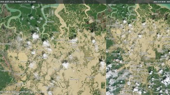 Citra satelit Sentinel-2 Kota Langsa dan Kab. Aceh Tamiang sebelum dan sesudah bencana banjir bandang. Foto: X.com/@stravenues