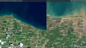 Citra satelit Sentinel-2 Pidie Jaya, Aceh sebelum dan sesudah bencana banjir. Foto: X.com/@stravenues