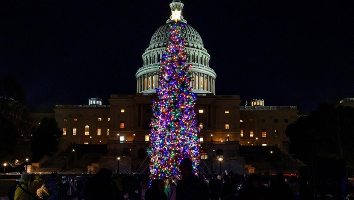 People gather around the U.S. Capitol Christmas tree following a lighting ceremony at the U.S. Capitol in Washington, D.C., U.S., December 2, 2025. REUTERS/Evelyn Hockstein