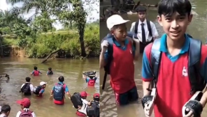 Potret pelajar arungi sungai menuju sekolah di Desa Anisa, Sadaniang, Mempawah.