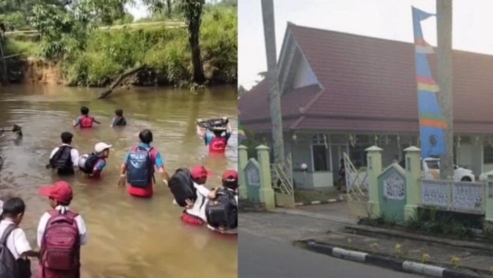 Potret pelajar mengarungi sungai menuju sekolah di Desa Ansiap dan Pendopo Bupati Mempawah saat ini. Pendopo baru rencananya bakal dibangun dengan dana Rp 15 miliar di lahan bekas bangunan DPRD. (Istimewa)