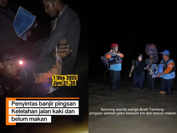 Wanita Aceh Tamiang pingsan karena kelelahan dan lapar setelah berjalan belasan kilometer di tengah banjir. Suami menggendong sebelum dibantu tim relawan mengevakuasi. Unggahan terseut langsung viral.