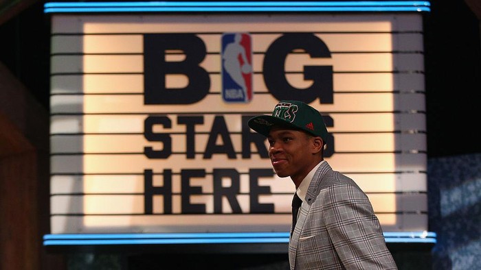 NEW YORK, NY - JUNE 27:  Giannis Antetokounmpo of Greece walks on stage after Antetokounmpo was drafted #15 overall in the first round by the Milwaukee Bucks during the 2013 NBA Draft at Barclays Center on June 27, 2013 in in the Brooklyn Bourough of New York City.  NOTE TO USER: User expressly acknowledges and agrees that, by downloading and/or using this Photograph, user is consenting to the terms and conditions of the Getty Images License Agreement.  (Photo by Mike Stobe/Getty Images)