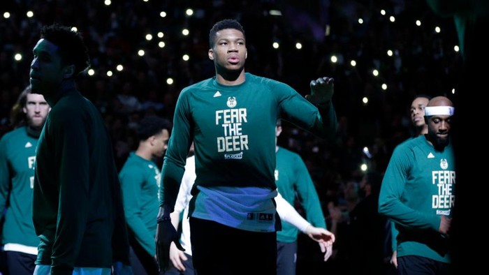 MILWAUKEE, WI - APRIL 22: Giannis Antetokounmpo #34 of the Milwaukee Bucks walks onto the court before the start of the game against the Toronto Raptors during the first half of Game Four of the Eastern Conference Quarterfinals during the 2017 NBA Playoffs at the BMO Harris Bradley Center on April 22, 2017 in Milwaukee, Wisconsin. NOTE TO USER: User expressly acknowledges and agrees that, by downloading and or using the photograph, User is consenting to the terms and conditions of the Getty Images License Agreement. (Photo by Mike McGinnis/Getty Images)