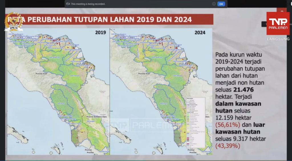 Paparan Menteri Kehutanan Raja Juli Antoni terkait Data perubahan tutupan lahan 2019 dan 2024 dalam Raker dengan Komisi IV DPR RI, Kamis (4/12/2025). (Tangkapan Layar Youtube/DPR RI)