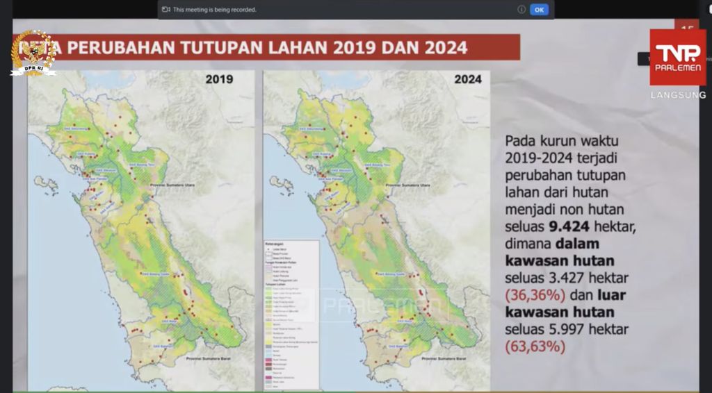 Paparan Menteri Kehutanan Raja Juli Antoni terkait Data perubahan tutupan lahan 2019 dan 2024 dalam Raker dengan Komisi IV DPR RI, Kamis (4/12/2025). (Tangkapan Layar Youtube/DPR RI)