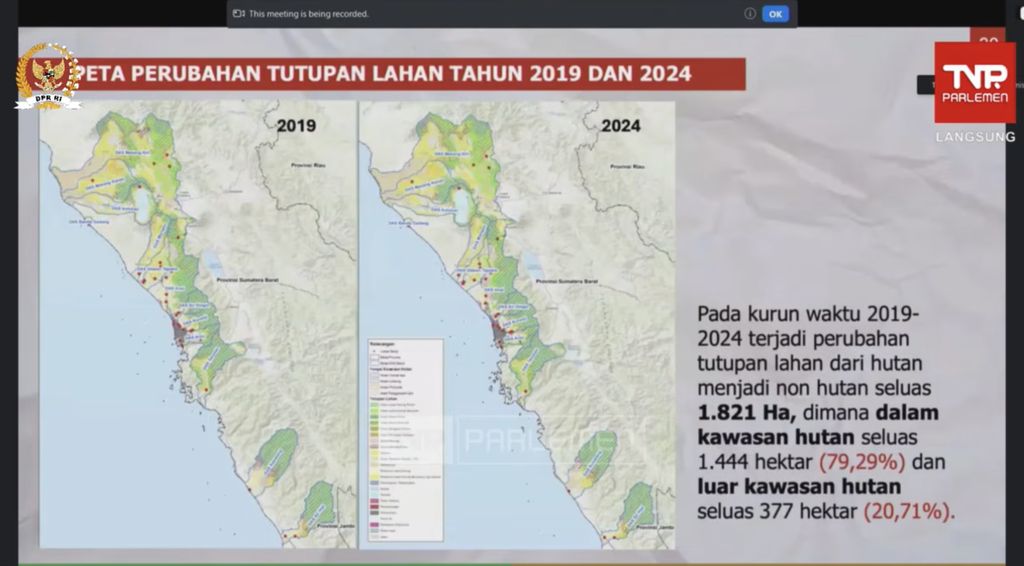 Paparan Menteri Kehutanan Raja Juli Antoni terkait Data perubahan tutupan lahan 2019 dan 2024 dalam Raker dengan Komisi IV DPR RI, Kamis (4/12/2025). (Tangkapan Layar Youtube/DPR RI)