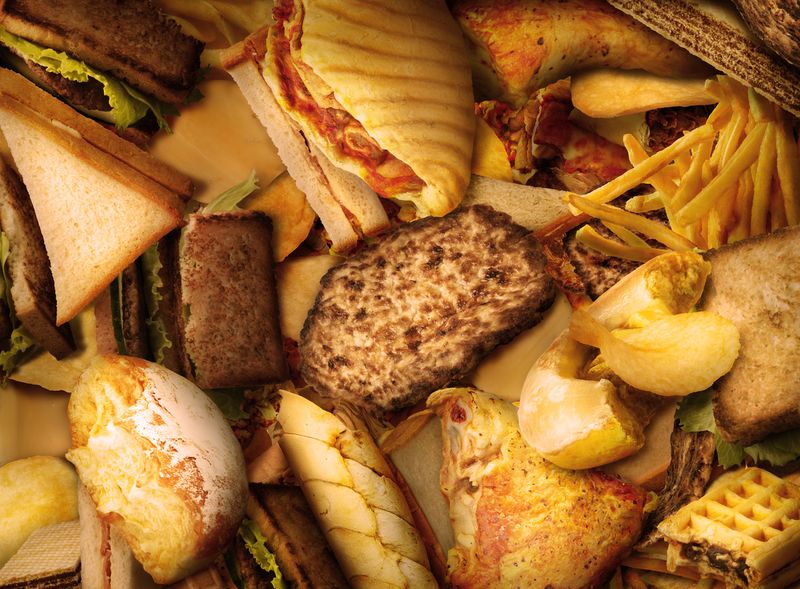 The concept of malnutrition. Lots of junk food with top view. Obesity.