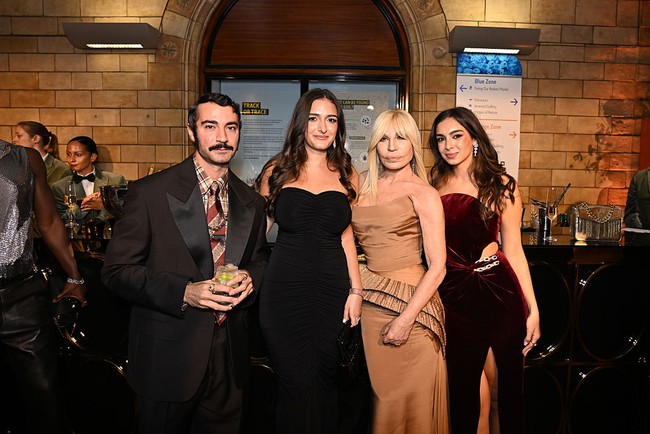 LONDON, ENGLAND - OCTOBER 03: Dario Vitale, Mia Hamiyeh and Donatella Versace and a guest attend the Clooney Foundation for Justices The Albies at the Natural History Museum on October 03, 2025 in London, England. (Photo by Kate Green/Getty Images for The Clooney Foundation For Justice )