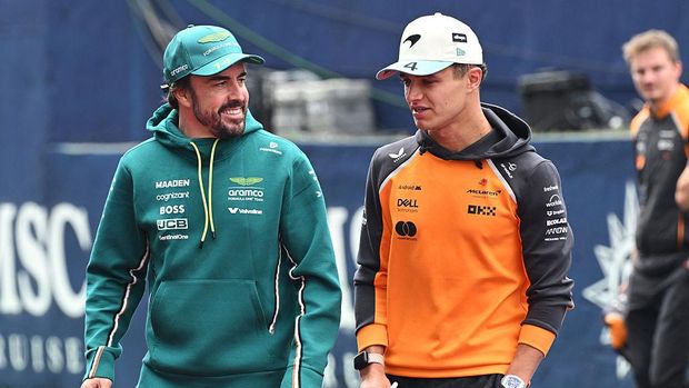 Fernando Alonso, Lando Norris SAO PAULO, BRAZIL - NOVEMBER 09: Fernando Alonso of Spain and Aston Martin F1 Team and Lando Norris of Great Britain and McLaren talk on the drivers parade prior to the F1 Grand Prix of Brazil at Autodromo Jose Carlos Pace on November 09, 2025 in Sao Paulo, Brazil. (Photo by Mark Sutton - Formula 1/Formula 1 via Getty Images)