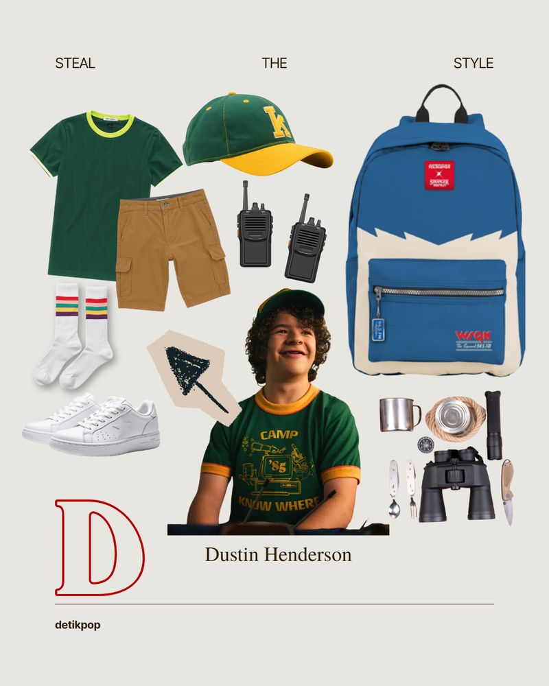 Gaya karakter Stranger Things, Dustin Henderson. Gambar pakaian merupakan hasil AI. Gambar backpack dari American Tourister Beyond Travel WSQK koleksi Squawk 94.5 FM.