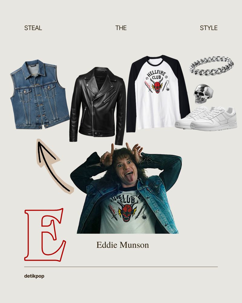 Gaya karakter Stranger Things, Eddie Munson. Gambar pakaian merupakan hasil AI.