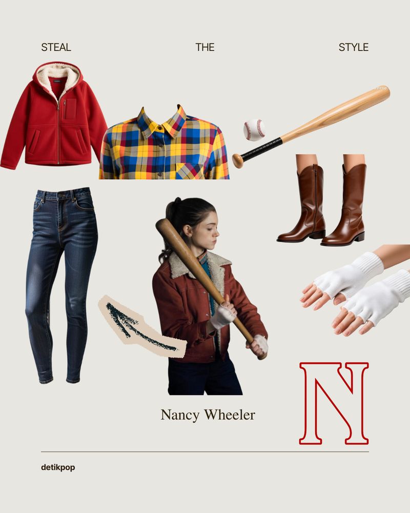 Gaya karakter Stranger Things, Nancy Wheeler. Gambar pakaian merupakan hasil AI.