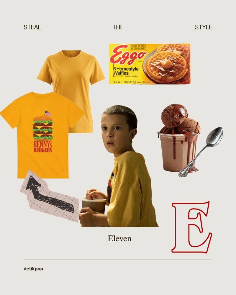 Gaya karakter Stranger Things, Eleven. Gambar pakaian dan es krim merupakan hasil AI.