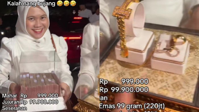 Pria ini memperlihatkan seserahan pernikahan serba 9, maharnya Rp 999 Ribu, jujuran Rp 99,9 Juta, plus gelang emas 99 gram dan perhiasan berlian lain. Unggahan tersebut langsung viral di media sosial.