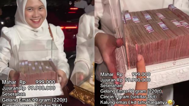 Mahar Serba 9 Pria ini memperlihatkan seserahan pernikahan serba 9, maharnya Rp 999 Ribu, jujuran Rp 99,9 Juta, plus gelang emas 99 gram dan perhiasan berlian lain. Unggahan tersebut langsung viral di media sosial.