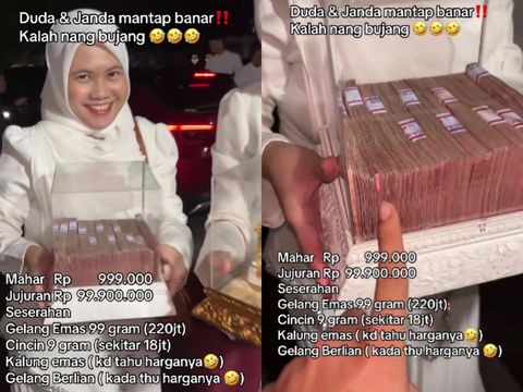 Mahar Serba 9 Pria ini memperlihatkan seserahan pernikahan serba 9, maharnya Rp 999 Ribu, jujuran Rp 99,9 Juta, plus gelang emas 99 gram dan perhiasan berlian lain. Unggahan tersebut langsung viral di media sosial.