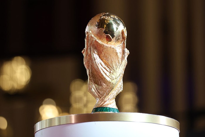 WASHINGTON, DC - DECEMBER 04: A detailed view of the FIFA World Cup Trophy during the VIP Welcome Reception ahead of the FIFA World Cup 2026 Official Draw at John F. Kennedy Center for the Performing Arts on December 04, 2025 in Washington, DC.  (Photo by Emilee Chinn - FIFA/FIFA via Getty Images)