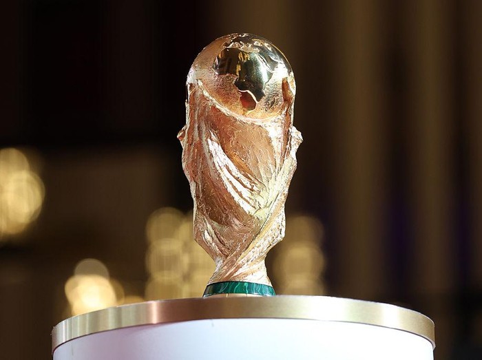 WASHINGTON, DC - DECEMBER 04: A detailed view of the FIFA World Cup Trophy during the VIP Welcome Reception ahead of the FIFA World Cup 2026 Official Draw at John F. Kennedy Center for the Performing Arts on December 04, 2025 in Washington, DC.  (Photo by Emilee Chinn - FIFA/FIFA via Getty Images)