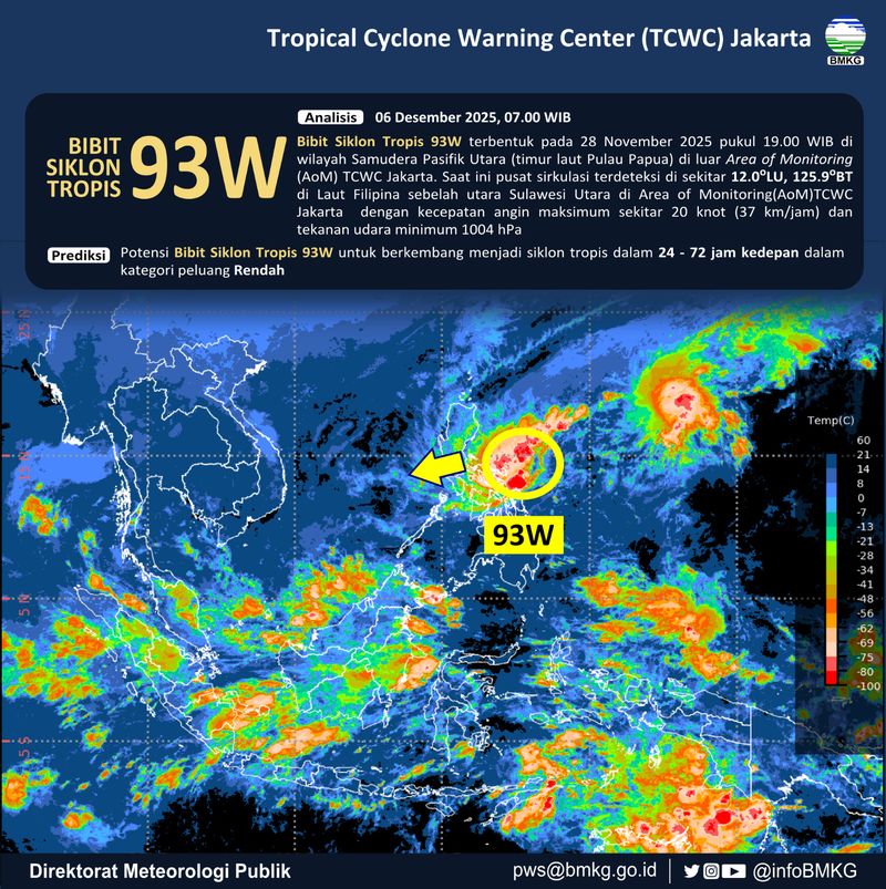 BMKG memantau Bibit Siklon Tropis 93W di Laut Filipina. Wilayah Sulawesi Utara (Sulut) dan Kalimantan Utara (Kaltara) berpotensi terjadi hujan lebat. (dok BMKG)