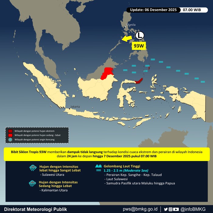 Ada Bibit Siklon 93W di Laut Filipina, Sulut-Kaltara Waspada Hujan Lebat