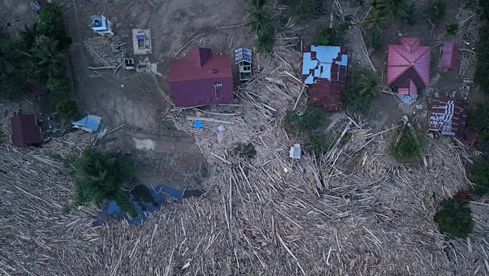 Foto udara kayu gelondongan yang terbawa arus banjir di Desa Geudumbak, Kecamatan Langkahan, Aceh Utara, Aceh, Jumat (5/12/2025). Kayu gelondongan tersebut menumpuk di sepanjang Daerah Aliran Sungai (DAS) Arakundo pasca diterjang banjir bandang pada Rabu (26/11) yang menimpa puluhan rumah warga di desa setempat. ANTARA FOTO/Syifa Yulinnas/foc.