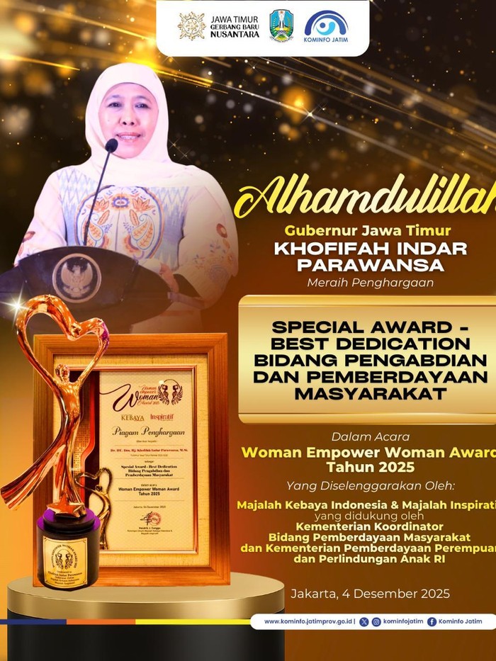 Khofifah Terima Woman Empower Award 2025 untuk Pemberdayaan Perempuan