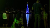 Warga dan wisatawan memadati tepi pantai untuk menyaksikan pertunjukan cahaya pertama dari pohon Natal raksasa yang menjadi ikon baru musim liburan di Rio. Foto: REUTERS/Tita Barros