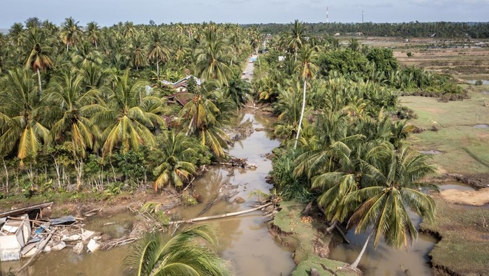 Foto udara jalan yang terputus akibat banjir di Desa Kuala Keureuto, Aceh Utara, Aceh, Senin (8/12/2025). Berdasarkan data sementara Komando Posko Tanggap Darurat Bencana hidrometeorologi Aceh pada Senin (8/12), sebanyak 461 titik jalan dan 332 unit jembatan terdampak bencana alam hidrometeorologi di Provinsi Aceh. ANTARA FOTO/Bayu Pratama S