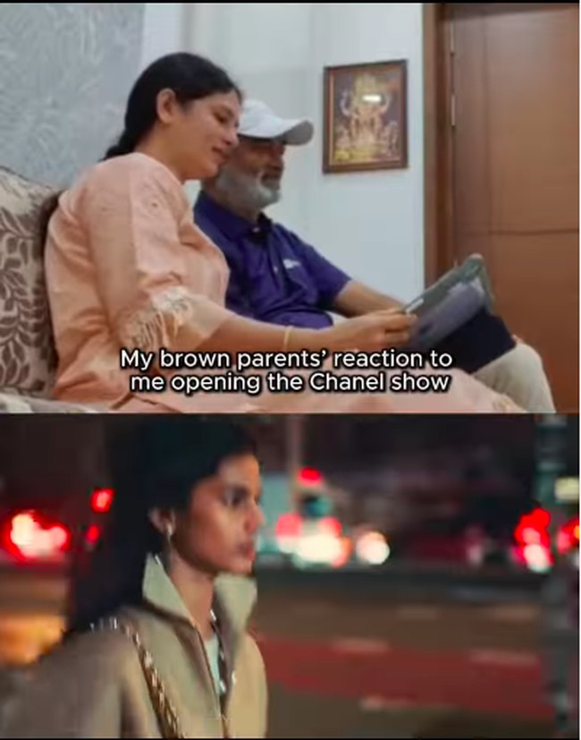 Penampilan Bhavitha diperbincangkan di media sosial ketika mengunggah reaksi orang tuanya menonton penampilannya berjalan dalam fashion show Chanel.  Foto: Instagram @bhavithamandava