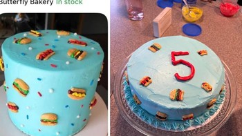 Ekspektasi: Kue ulang tahun bertema burger dan hotdog dengan dekorasi rapi dan warna biru lembut. Realita: Kue versi datang terlihat lebih sederhana dengan dekorasi yang tidak serapi contoh, lengkap dengan angka besar di tengahnya. Foto: Reddit