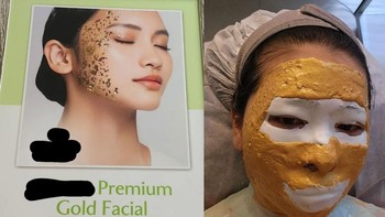 Ekspektasi: Perawatan wajah emas premium dengan efek glowing dan taburan gold flakes halus. Realita: Masker tebal berwarna emas yang menutupi hampir seluruh wajah, jauh dari tampilan elegan di brosur. Foto: Reddit
