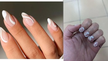 Ekspektasi: Nail art garis putih minimalis dengan bentuk kuku almond yang panjang dan rapi. Realita: Hasilnya jauh lebih pendek dengan garis yang tampak goyah dan tidak sepresisi contoh. Foto: Reddit