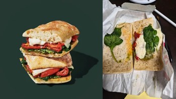 Ekspektasi: Sandwich tebal dengan isi melimpah—sayur segar, keju, dan tomat panggang. Realita: Sandwich yang diterima hanya berisi sedikit sayuran dan lapisan isian sangat tipis. Foto: Reddit
