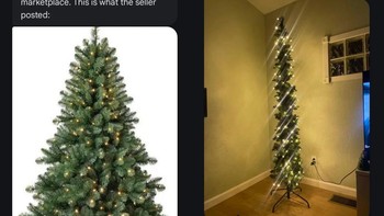 Ekspektasi: Pohon Natal rimbun, penuh daun, dan berdiri tegak. Realita: Pohon yang dikirim sangat kurus dan tinggi, terlihat seperti hanya sepotong ranting panjang berdiri. Foto: Reddit