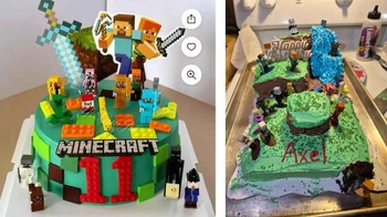 Ekspektasi: Kue ulang tahun Minecraft dengan dekorasi rapi, penuh karakter, dan warna cerah. Realita: Kue buatan tangan dengan bentuk tidak rata, warna campur aduk, dan dekorasi yang berantakan. Foto: Reddit