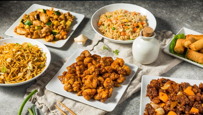 Chinese Fast Food Meal with Fried Rice Orange Chicken and Kung Pao