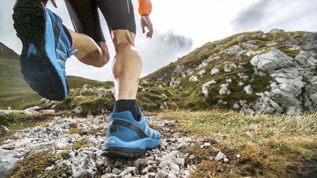 Ilustrasi trail run Legs of male runner running on meadow high in mountains.