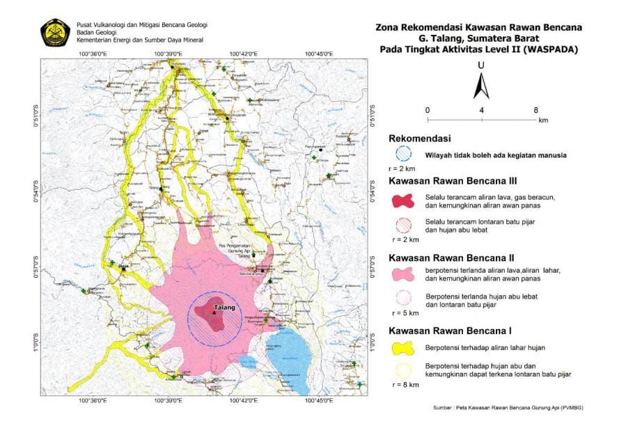 Peta Kawasan Rawan Bencana Gunung Talang, Sumatera Barat Level II (Waspada). (Dok. Badan Geologi Kementerian ESDM)