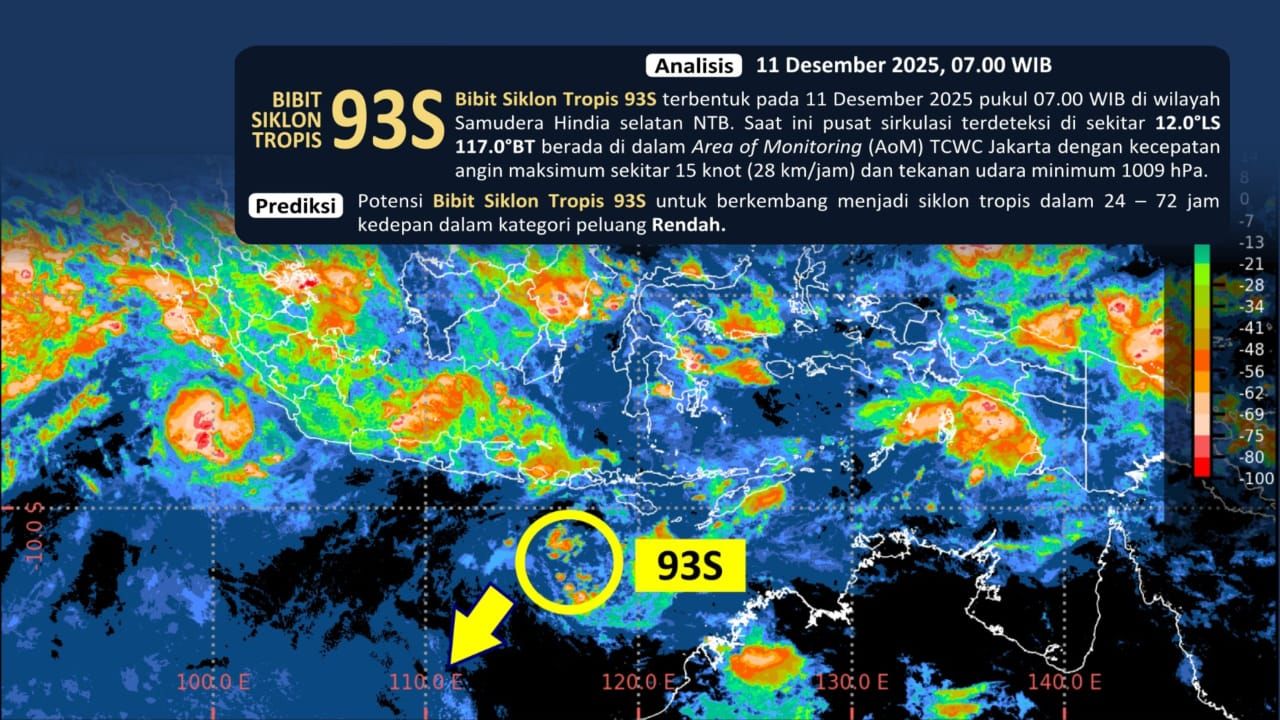 Bibit siklon tropis 93S analisis 11 Desember 2025. (Dok. BMKG)