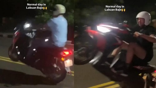 Dua turis Inggris mengendarai motor secara ugal-ugalan dengan mengangkat ban depan kendaraannya di Labuan Bajo, Manggarai Barat, NTT. (Tangkapan layar video viral)