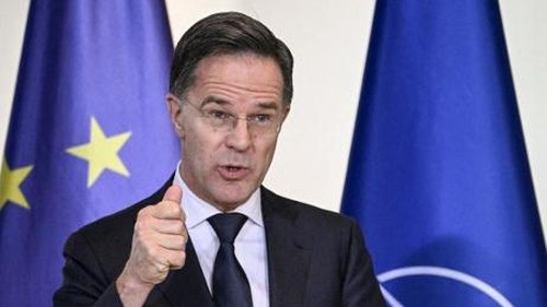 NATO General Secretary Mark Rutte speaks during a press conference with the German Chancellor (unseen) after talks at the Chancellery on December 11, 2025 in Berlin. (Photo by Tobias SCHWARZ / AFP)