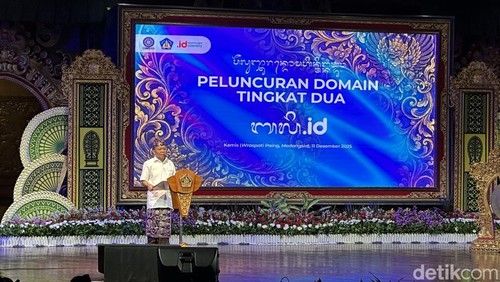 Gubernur Bali Wayan Koster saat memberi sambutan dalam acara Peluncuran Domain Bali di UPTD Taman Budaya Provinsi Bali, Kamis (11/12/2025). (Dinda Anatasya/detikBali)