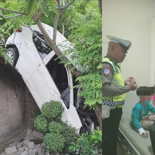 Sebuah mobil Honda Brio DK 1989 FBD menabrak atap rumah warga di Banjar Dinas Kunci, Desa Tigawasa, Kecamatan Banjar, Rabu (10/12/2025) sore.