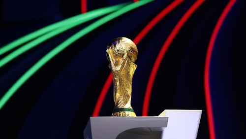 WASHINGTON, DC - DECEMBER 03: The FIFA World Cup Trophy is seen on stage at the Kennedy Center ahead of the FIFA World Cup 2026 Official Draw on December 03, 2025 in Washington, DC. (Photo by Michael Regan - FIFA/FIFA via Getty Images)