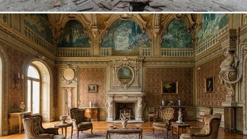 Ruang Balai Megah yang Terbengkalai. Before: Ruang balai penuh detail arsitektur klasik terlihat hancur, dinding mengelupas, lantai berlubang, dan ornamen rusak parah. After: Dengan bantuan AI, ruang ini direkonstruksi menjadi aula mewah dengan furnitur antik, karpet rumit, dan dekorasi dinding yang kembali hidup seperti era kejayaannya. Foto: Boredpanda