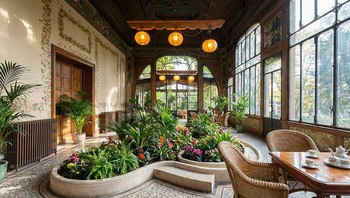 Taman Dalam Ruangan yang Hancur. Before: Area taman dalam ruangan tampak ditinggalkan, penuh puing dan kaca pecah, dengan struktur kolam yang rusak. After: Rekonstruksi AI mengubahnya menjadi taman interior asri dengan tanaman rimbun, pencahayaan hangat, dan ruang duduk yang nyaman. Foto: Boredpanda