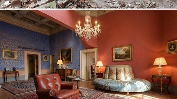 Ruang Tamu Berlubang yang Direstorasi Total. Before: Ruang tamu porak-poranda dengan dinding jebol, reruntuhan bata di lantai, dan furnitur rusak berserakan. After: AI menampilkan versi sempurna: ruang tamu berkarpet tebal, kursi kulit, sofa antik, dan dinding berpola emas biru yang kembali utuh. Foto: Boredpanda